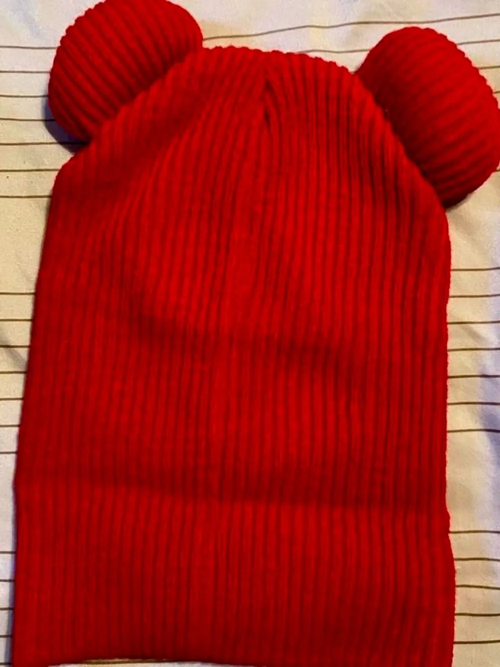 Red Ribbed Knit Balaclava with Bear Ears and Embroidered Logo